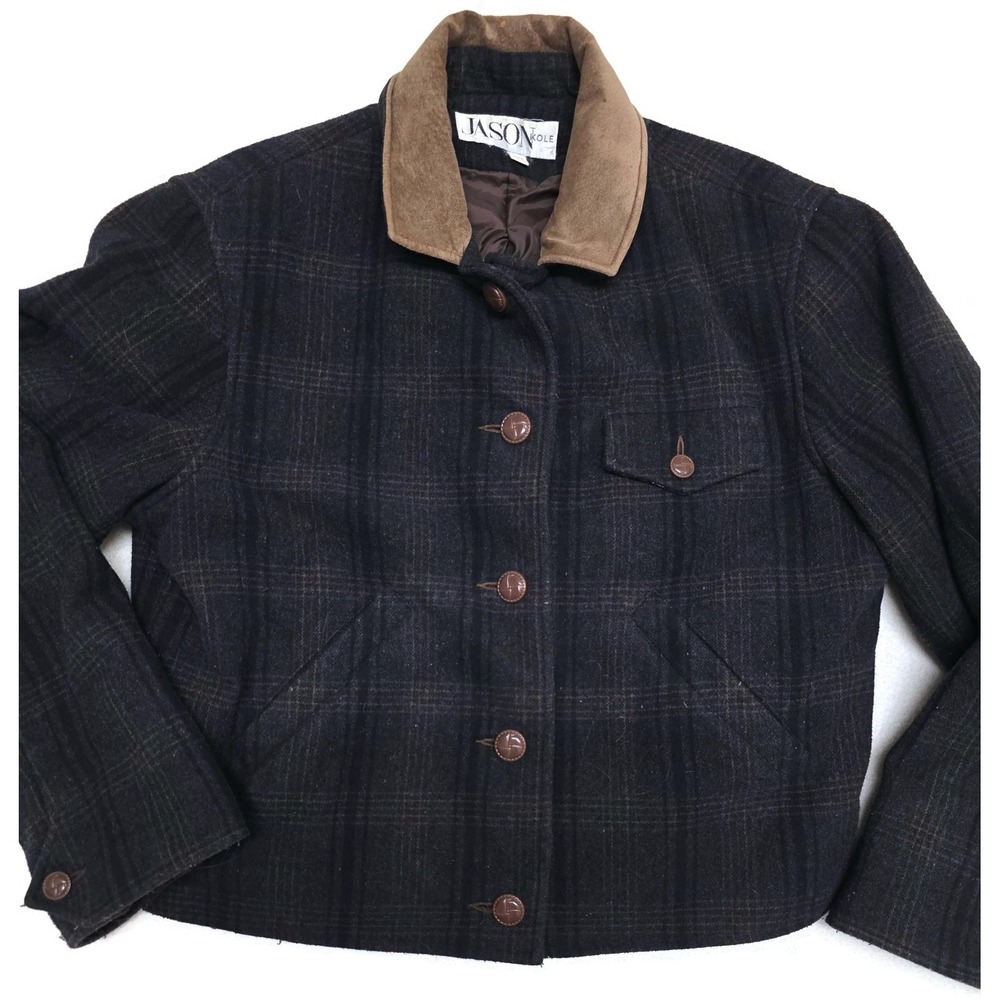 Jason Kole Jacket Mens Large Brown Plaid Wool Bomber Button Front Lined Tweed